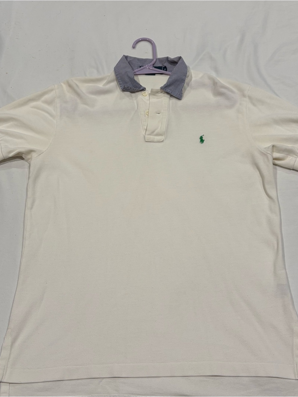 Polo by Ralph Lauren Cream Polo with Check Contrast Collar and Green Pony